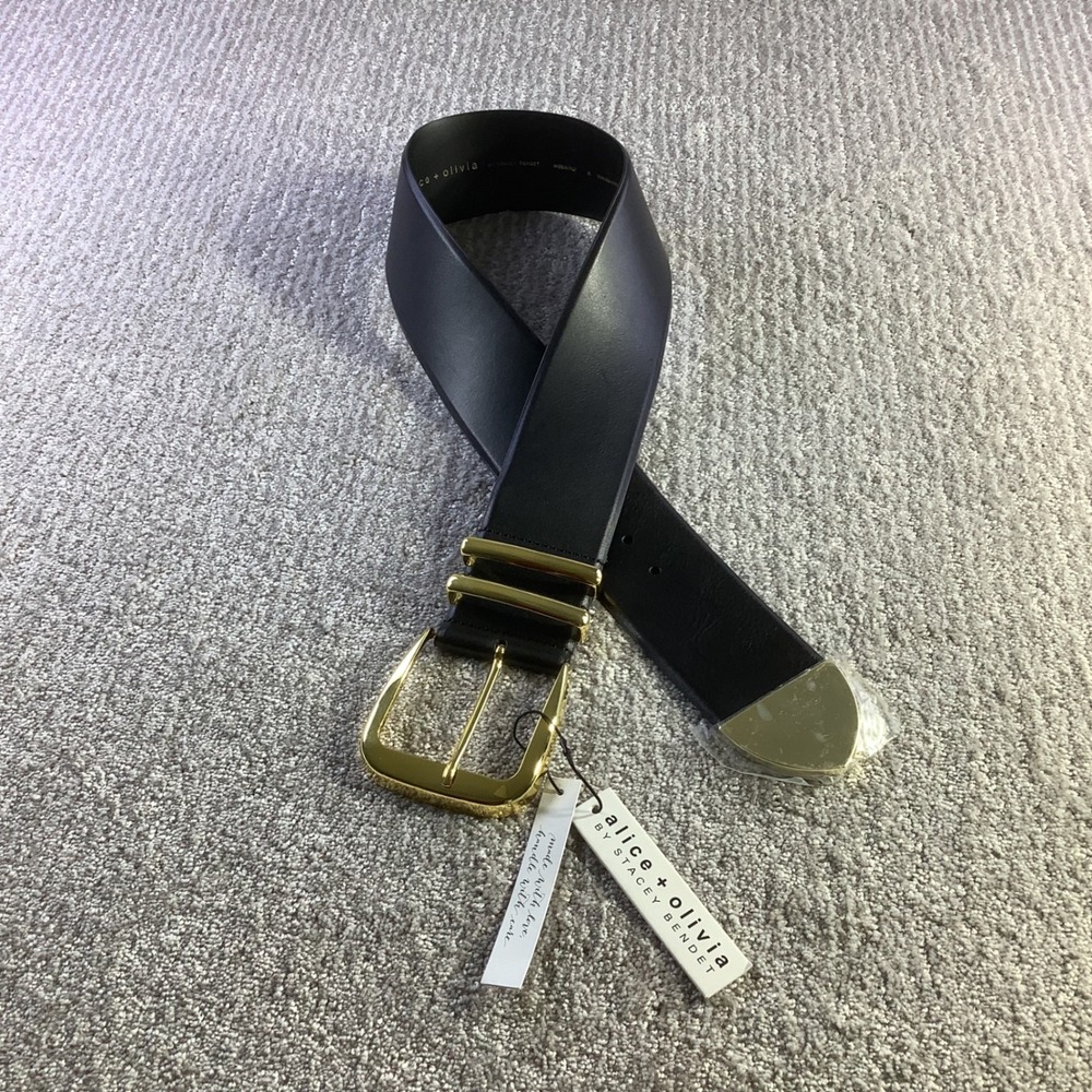 Alice + Olivia Black Leather Wide Belt Gold Buckle Tip Made in Italy Size M NWT